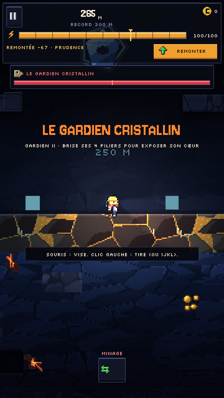 Entrée d'un gardien : bannière « Le gardien cristallin », gardien II à 250 mètres, avec sa barre de vie rouge sous le HUD